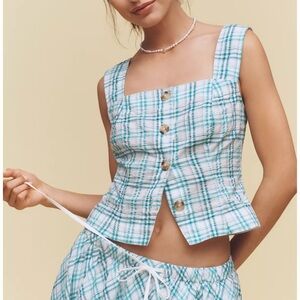 NWT Maeve Anthropologie square neck button front tank - teal plaid size XS